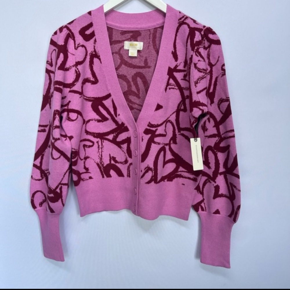 NWT Anthropologie Maeve V-Neck  Hearts Print Cardigan Sweater - Picture 7 of 13
